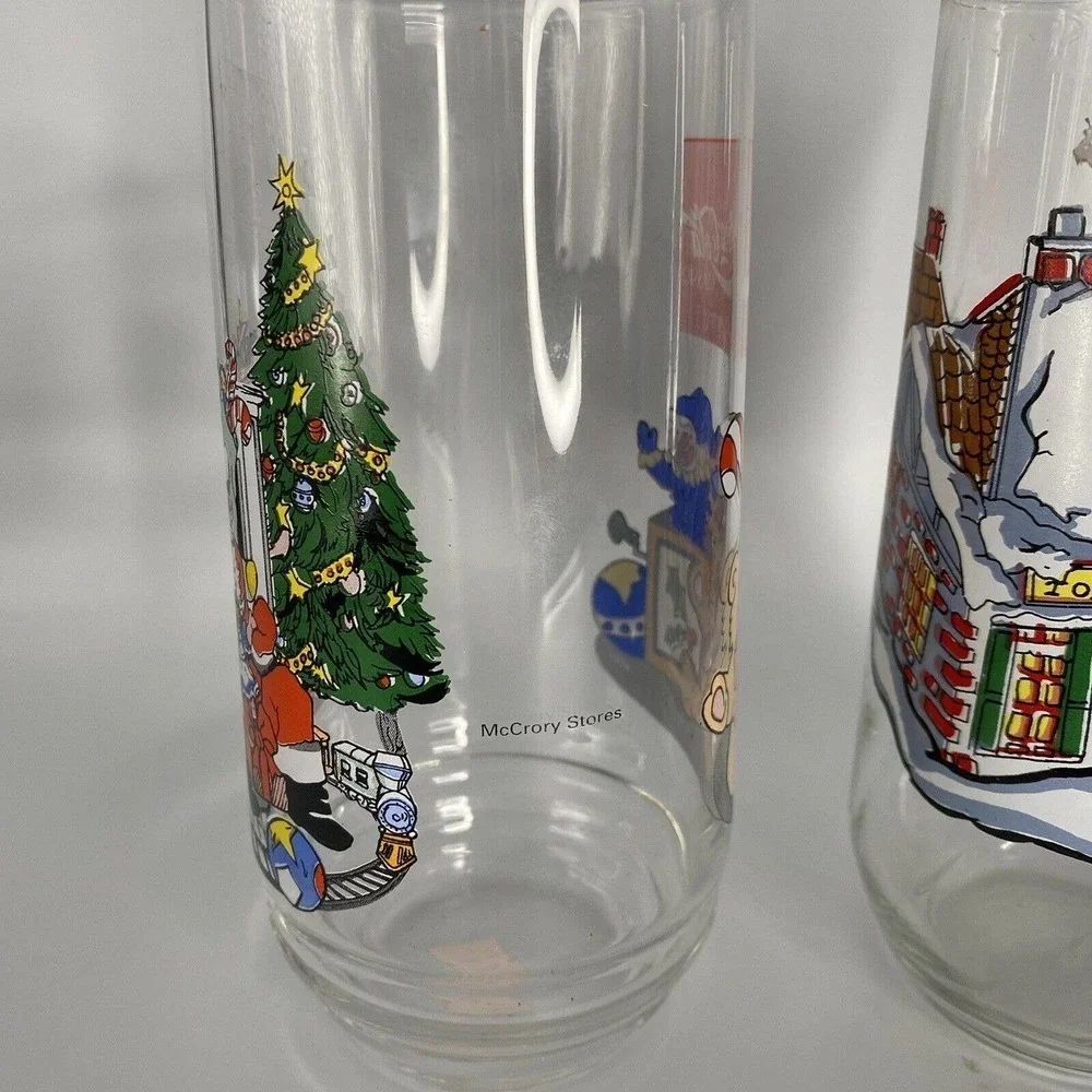 Coke Coca Cola Vtg Holiday Glasses McCrory Stores Christmas Snowman Toy Shop